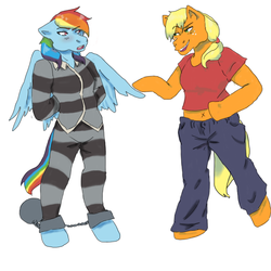 Size: 1000x1000 | Tagged: safe, artist:wolfehkitteh, applejack, rainbow dash, anthro, g4, arm behind back, ball and chain, bondage, clothes, female, hoers, lesbian, prison outfit, prison stripes, prisoner rd, shackles, ship:appledash, shipping