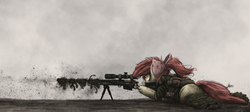 Size: 2000x892 | Tagged: safe, artist:ncmares, apple bloom, cyborg, earth pony, pony, fanfic:night mares, g4, bipod, camouflage, clothes, fanfic, fanfic art, female, filly, foal, gun, hooves, lying down, optical sight, prone, rifle, shooting, sniper, sniper rifle, solo, weapon