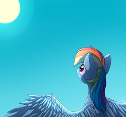Size: 1300x1203 | Tagged: safe, artist:mercurycraft7, rainbow dash, pegasus, pony, g4, day, female, looking up, mare, sky, solo, sun
