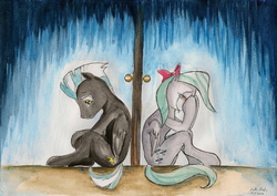 Size: 2296x1623 | Tagged: safe, artist:souleatersaku90, flitter, thunderlane, pegasus, pony, g4, crying, door, duo, fanfic art, mare, sad, sitting, stallion, the simple life, traditional art, watercolor painting