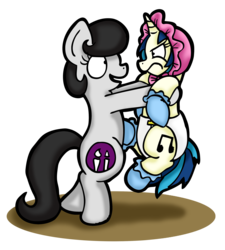 Size: 2333x2588 | Tagged: safe, artist:bobthedalek, dj pon-3, vinyl scratch, oc, oc:mixed melody, oc:octavia's mother, earth pony, pony, unicorn, g4, baby, background pony, bipedal, bonnet, booties, boots, diaper, female, high res, lifting, mare, mothers gonna mother, non-baby in diaper, unamused, vinyl scratch is not amused
