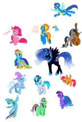 Size: 1250x1857 | Tagged: safe, artist:c-puff, dj pon-3, fizzy, nightmare moon, octavia melody, pinkie pie, rainbow dash, scootaloo, soarin', spitfire, trixie, twilight sparkle, vinyl scratch, alicorn, pegasus, pony, unicorn, g1, g4, bipedal, blood, butt, cello, clothes, dialogue, dress, eyes closed, feels like i'm wearing nothing at all, female, filly, firebutt, flying, gala dress, goggles, headphones, male, mare, musical instrument, nosebleed, plot, rainbutt dash, simple background, sketch dump, the simpsons, transparent background, wonderbolts, wonderbolts uniform