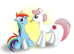 Size: 640x464 | Tagged: safe, artist:vakkonen, nurse redheart, rainbow dash, g4, bandage, injured