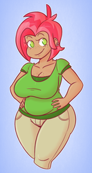 Size: 962x1802 | Tagged: safe, artist:hamflo, babs seed, human, g4, breasts, busty babs seed, chubby, cleavage, female, humanized, looking at you, plump, solo