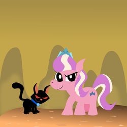 Size: 1693x1693 | Tagged: safe, artist:magerblutooth, diamond tiara, oc, oc:dazzle, cat, g4, samurai jack, style emulation