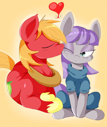 Size: 1239x1464 | Tagged: safe, artist:purple-yoshi-draws, big macintosh, maud pie, earth pony, pony, g4, :t, blushing, cheek kiss, cute, heart, kissing, macinmaud, male, prone, shipping, sitting, smiling, stallion, straight, traditional art, wink