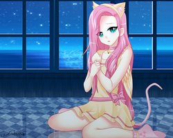 Size: 3000x2400 | Tagged: safe, artist:srtagiuu, fluttershy, human, g4, cat ears, cat tail, cute, fake ears, female, fluttercat, high res, humanized, solo, srtagiuu is trying to murder us, winged humanization