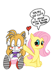 Size: 1536x2048 | Tagged: safe, artist:kaiamurosesei, fluttershy, pegasus, pony, g4, blushing, camera, crossover, crossover shipping, female, fluttertails, male, miles "tails" prower, shipping, simple background, sitting, sonic the hedgehog (series), straight, white background