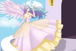 Size: 3000x2006 | Tagged: safe, artist:srtagiuu, princess celestia, butterfly, human, canterlot, cute, female, horned humanization, humanized, solo, srtagiuu is trying to murder us, winged humanization