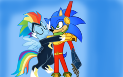 Size: 1600x1000 | Tagged: safe, artist:kaiamurosesei, rainbow dash, zapp, g4, archie comics, crossover, crossover shipping, gun, male, power ponies, shipping, sonic the hedgehog, sonic the hedgehog (series), sonicdash, zonic