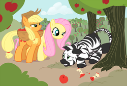 Size: 1200x818 | Tagged: safe, artist:javkiller, applejack, fluttershy, oc, earth pony, pegasus, pony, zebra, g4, apple, apple core, apple tree, basket, caught, female, food, mare, raised eyebrow, tree