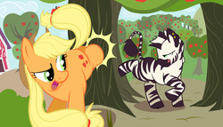 Size: 1200x687 | Tagged: safe, artist:javkiller, applejack, oc, earth pony, pony, zebra, g4, apple, apple tree, applebucking, ear piercing, female, food, looking back, mare, open mouth, open smile, piercing, smiling, sweet apple acres, tree