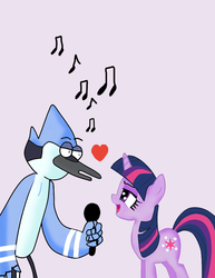 Size: 786x1017 | Tagged: safe, artist:kaiamurosesei, twilight sparkle, g4, crossover, crossover shipping, heart, love, male, microphone, mordecai, mordetwi, regular show, shipping