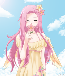 Size: 3000x3500 | Tagged: safe, artist:srtagiuu, fluttershy, human, g4, blushing, clothes, cloud, cloudy, cute, eyes closed, female, flower, flower in hair, high res, humanized, shyabetes, sky, smiling, solo, srtagiuu is trying to murder us, winged humanization, wings