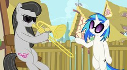 Size: 872x486 | Tagged: safe, artist:bykote86, dj pon-3, octavia melody, vinyl scratch, pony, g4, bipedal, duo, meme, musical instrument, sunglasses, trombone, vine video, when mama isn't home, youtube link