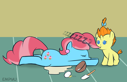 Size: 1000x645 | Tagged: safe, artist:empyu, cup cake, pumpkin cake, earth pony, pony, unicorn, g4, 30 minute art challenge, baby, baby pony, batter, biting, cute, duo, egg, female, food, hair bite, mess, mother and daughter, nom, sleeping, spatula, tired, zzz