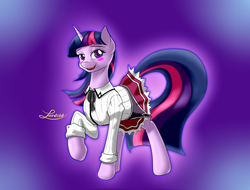 Size: 2500x1900 | Tagged: safe, artist:lordzid, twilight sparkle, pony, g4, blushing, clothes, dress, female, raised hoof, signature, solo