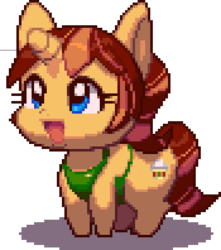 Size: 350x396 | Tagged: artist needed, safe, oc, oc only, oc:java chip, pony, unicorn, apron, chibi, clothes, cute, horn, open mouth, pixel art, shadow, solo, unicorn oc