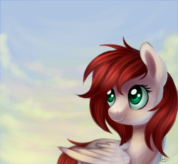 Size: 708x652 | Tagged: safe, artist:ghst-qn, oc, oc only, pegasus, pony, cloud, female, looking back, mare, signature, sky, smiling, solo