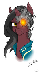 Size: 692x1153 | Tagged: safe, artist:slouping, oc, oc only, oc:silver rush, cyborg, pony, unicorn, fallout equestria