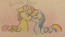 Size: 900x512 | Tagged: safe, artist:fallenangel5414, fluttershy, rainbow dash, g4, blushing, butterscotch, eyes closed, female, floppy ears, fluffy, half r63 shipping, imminent kissing, male, nuzzling, rule 63, ship:butterdash, shipping, smiling, straight