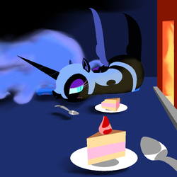 Size: 1000x1000 | Tagged: safe, artist:jun, nightmare moon, g4, blushing, cake, female, fireplace, offscreen character, pixiv, pov, solo, spoon