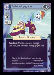 Size: 372x520 | Tagged: safe, enterplay, rainbow dash, pegasus, pony, g4, inspiration manifestation, my little pony collectible card game, the crystal games, ccg, clothes, deadpan snarker, dress, female, flying, implied diamond mint, implied lemony gem, mare, mythology gag, rainbow dash always dresses in style, solo