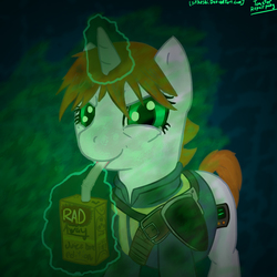 Size: 1000x1000 | Tagged: safe, artist:toasterrepairunit, oc, oc only, oc:littlepip, pony, unicorn, fallout equestria, clothes, cutie mark, fanfic, fanfic art, female, glowing horn, horn, jumpsuit, levitation, magic, mare, radaway, smiling, solo, telekinesis, vault suit