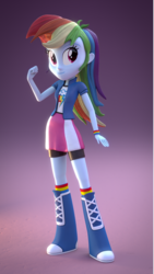 Size: 1080x1920 | Tagged: safe, artist:creatorofpony, rainbow dash, equestria girls, g4, 3d, blender, boots, cg, clothes, eqg promo pose set, female, gradient background, it begins, looking at you, rainbow socks, shoes, smiling, smiling at you, socks, solo, striped socks