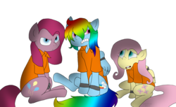 Size: 5051x3084 | Tagged: safe, artist:pepsi-rabbit, fluttershy, pinkie pie, rainbow dash, g4, clothes, prison outfit, prisoner fs, prisoner pp, prisoner rd