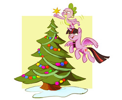Size: 628x516 | Tagged: safe, artist:nukilik, spike, twilight sparkle, alicorn, pony, g4, christmas, christmas tree, female, flying, hearth's warming, mare, tree, twilight sparkle (alicorn)