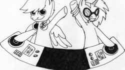 Size: 2064x1164 | Tagged: safe, artist:maximirusupauaa, dj pon-3, vinyl scratch, g4, monochrome, present, traditional art