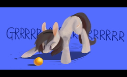 Size: 872x531 | Tagged: dead source, safe, artist:berrydrops, oc, oc only, oc:pocket, earth pony, pony, ball, behaving like a dog, female, fierce, growling, mare, orange, simple background, solo