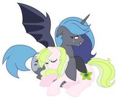 Size: 3520x3016 | Tagged: safe, artist:unoriginai, oc, oc only, oc:anthea, oc:princess nidra, alicorn, bat pony, bat pony alicorn, pony, unicorn, adopted offspring, alicorn oc, canon x oc, contest entry, crying, death, dying, feels, high res, offspring, old, older, parent:fluttershy, parent:oc:azalea, parent:oc:berry vine, parent:oc:supernova, parent:princess luna, parents:canon x oc, parents:oc x oc, prone, sad, simple background, story included, transparent background