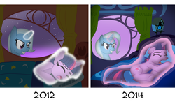 Size: 1680x1000 | Tagged: safe, artist:advanceddefense, trixie, twilight sparkle, pony, unicorn, twilight unbound, g4, art evolution, comparison, draw this again, evil smile, female, magic, mare, sleeping, sleeping in the nude, tumblr