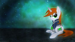 Size: 3840x2160 | Tagged: safe, artist:game-beatx14, artist:groxy-cyber-soul, oc, oc only, oc:littlepip, pony, unicorn, fallout equestria, g4, abstract background, clothes, cutie mark, fanfic, fanfic art, female, high res, hooves, horn, jumpsuit, mare, pipbuck, show accurate, sitting, solo, vault suit, wallpaper