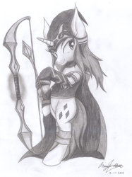 Size: 1280x1707 | Tagged: safe, artist:brab777, rarity, g4, archer, arrow, ashe, bow (weapon), bow and arrow, crossover, female, league of legends, monochrome, solo, weapon