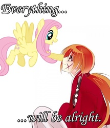 Size: 646x751 | Tagged: safe, artist:kurabayashi, fluttershy, g4, boop, crossover, kenshin himura, kindness, photoshop, rurouni kenshin, smiling, text edit