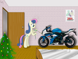 Size: 2048x1536 | Tagged: safe, artist:aagun, bon bon, sweetie drops, earth pony, pony, g4, christmas lights, christmas tree, female, motorcycle, room, solo, tree