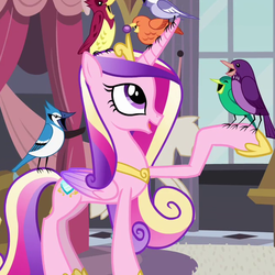 Size: 646x646 | Tagged: safe, screencap, constance, princess cadance, alicorn, bird, blue jay, pony, songbird, a canterlot wedding, g4, birdsong, crown, female, folded wings, jewelry, mare, purple martin, raised hoof, regalia, solo, tiara, wings