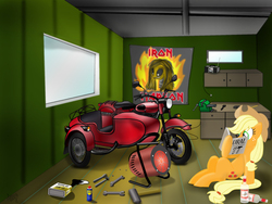 Size: 2048x1536 | Tagged: safe, artist:aagun, applejack, earth pony, pony, g4, female, iron maiden, motor oil, motorcycle, poster, reading, solo, tools, wd-40