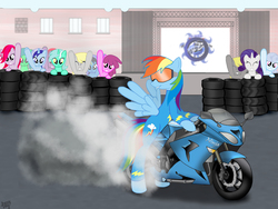 Size: 2048x1536 | Tagged: safe, artist:aagun, derpy hooves, lyra heartstrings, minuette, rainbow dash, rarity, pegasus, pony, g4, female, mare, motorcycle