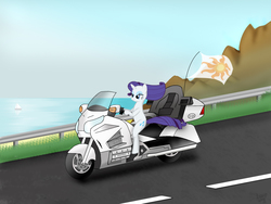 Size: 2048x1536 | Tagged: safe, artist:aagun, rarity, pony, unicorn, g4, female, flag, honda, mare, motorcycle, road, solo