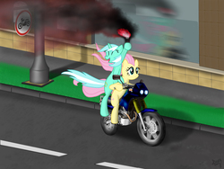 Size: 2048x1536 | Tagged: safe, artist:aagun, fluttershy, lyra heartstrings, pony, g4, duo, motorcycle, smoke, torch