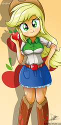 Size: 645x1321 | Tagged: safe, alternate version, artist:the-butch-x, part of a set, applejack, equestria girls, g4, apple, beautiful, beautiful x, blushing, cute, cutie mark, cutie mark on equestria girl, eating, explicit source, female, hand on hip, jackabetes, nail polish, solo
