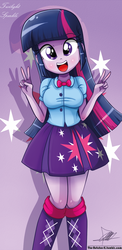 Size: 645x1321 | Tagged: safe, alternate version, artist:the-butch-x, part of a set, twilight sparkle, equestria girls, g4, arms, beautiful, beautiful x, blouse, blushing, boots, breasts, bust, clothes, cute, cutie mark, cutie mark on equestria girl, explicit source, female, fingers, hand, happy, legs, long hair, nail polish, open mouth, open smile, peace sign, puffy sleeves, shoes, skirt, smiling, socks, solo, teenager, teeth, twiabetes, twilight sparkle (alicorn)