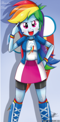 Size: 368x750 | Tagged: safe, alternate version, artist:the-butch-x, part of a set, rainbow dash, equestria girls, g4, beautiful, beautiful x, blushing, boots, clothes, collar shirt, cute, cutie mark, cutie mark on equestria girl, dashabetes, explicit source, female, hand on hip, nail polish, shirt, shirt with a collar, shoes, skirt, socks, solo, t-shirt, teenager, wristband