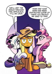 Size: 566x813 | Tagged: safe, artist:andypriceart, idw, official comic, applejack, pinkie pie, rarity, earth pony, pony, unicorn, g4, spoiler:comic, spoiler:comic25, applejack is not amused, cropped, death stare, female, look of disapproval, mare, simple background, speech bubble, trio, unamused, white background