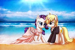 Size: 1280x853 | Tagged: safe, artist:samonferrari, rarity, oc, pony, unicorn, g4, beach, canon x oc, clothes, dress, duo, wedding dress