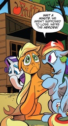 Size: 451x844 | Tagged: safe, artist:andypriceart, idw, official comic, applejack, rainbow dash, rarity, earth pony, pegasus, pony, g4, spoiler:comic, spoiler:comic25, cropped, face, faic, female, lampshade hanging, mare, meta, sad, speech bubble, trio, unhapplejack